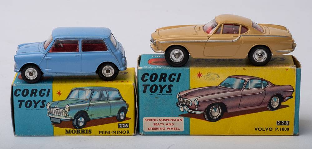 Corgi 226 Morris Mini-Minor: sky blue, red interior, spun hubs and Corgi 228 Volvo P1800,