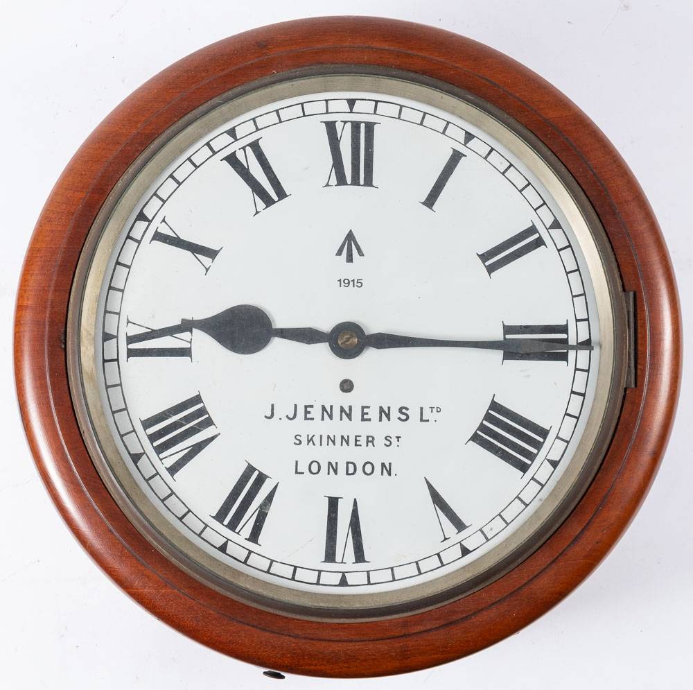 A WWI Ministry of Defence issue single fusee mahogany circular wall clock by J Jennens Ltd,