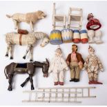 A group of early 20th century wooden Circus animals and figures: comprising a lion , a horse,