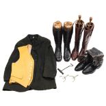 Two pairs of black leather riding boots, a pair of brown leather riding boots,