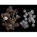 A collection of lower grade Roman coins with a string of Chinese cash and other tokens.