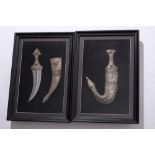 Two framed Persian white metal presentation jambiyas: of traditional from with curved blade and