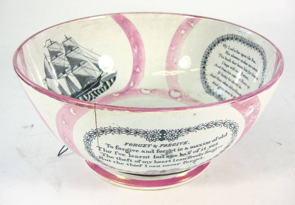 A 19th Century Sunderland (Ball) lustre bowl 'Forgive & Forget': with transfer decorated ship