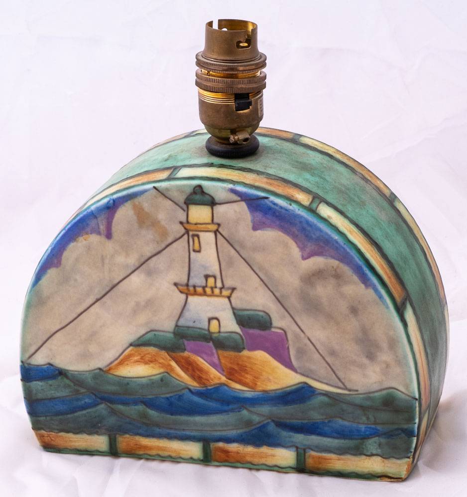 An Art Deco Crown Devon Fieldings half moon table lamp with galleon and light house decoration:, - Image 2 of 2