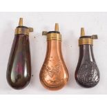 Three small reproduction copper and brass pistol powder flasks (3):