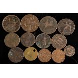 A collection of copper coins including a Nelson halfpenny, William & Mary halfpennies etc:.