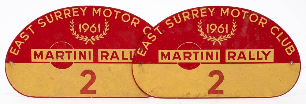 A pair of aluminium East Surrey Motor Club 1961 'Martini' Rally plates: in red and cream,