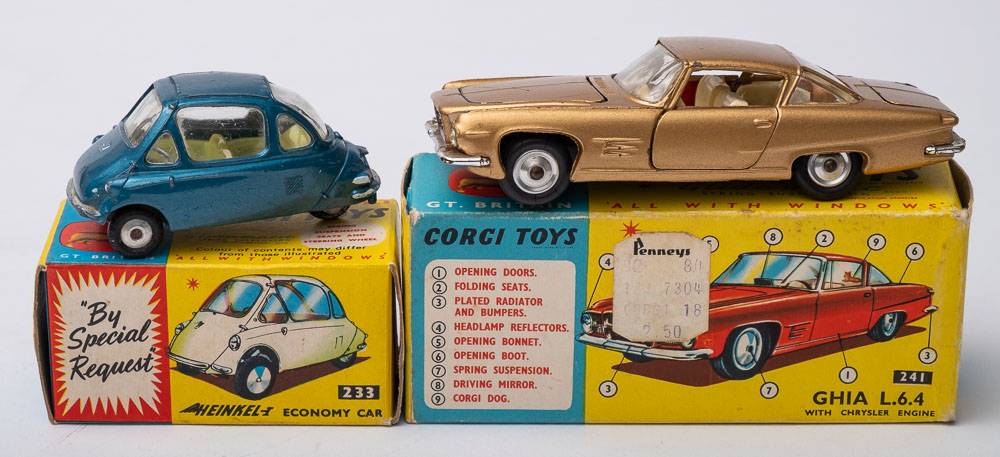 Corgi 233 Heinkel Economy Car:, blue body, yellow interior,spun hubs,