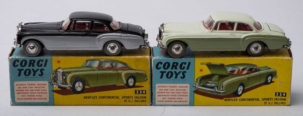 Two boxed Corgi 224 Bentley Continental Sports Saloon:, one with black over grey body, red interior,