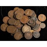 A mixed selection of world copper coins including a 1928 Irish penny and halfpenny:.
