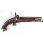 A 19th century percussion cap pistol: the plain 5 inch octagonal rifled barrel with stirruped steel