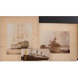 Four early 20th century photographs of Royal Naval Ships, one of HMS Victory,
