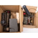 A collection of various live steam and electrical engine parts: including a live steam chassis of a