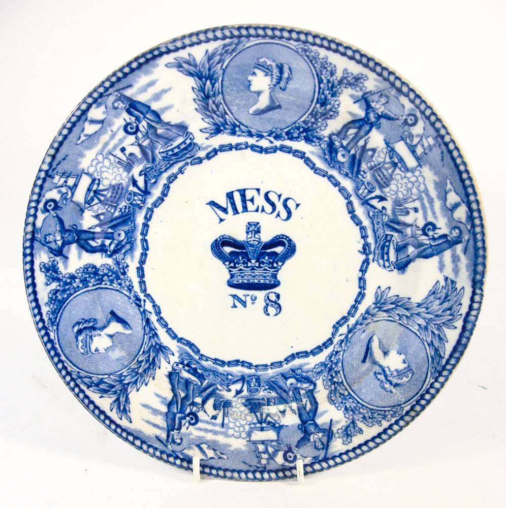 A Victorian blue and white Mess plate: 'young-head' pattern, No.8, 24cm diameter.