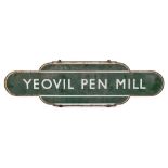 A BR (S) Totem 'Yeovil Pen Mill': white and green with original mounting bracket 92cm (storage