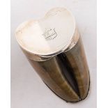 A 19th century silver plate mounted goat's hoof snuff mull: the cover engraved with armorial,