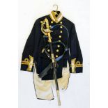 An Elizabeth II Royal Navy Doctors No 1 Dress and Dress sword:, comprising tail coat and trousers,