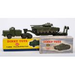 Dinky 660 Mighty Antar Tank Transporter: military green with black treaded tyres in a yellow box,