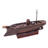 A late 19th /early 20th century model of a Torpedo Ram:, turned funnel over open deck with grate,