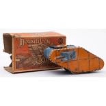 Louis Marx & Co (USA) tinplate clockwork 'Doughboy Tank': blue and orange with top and side mounted
