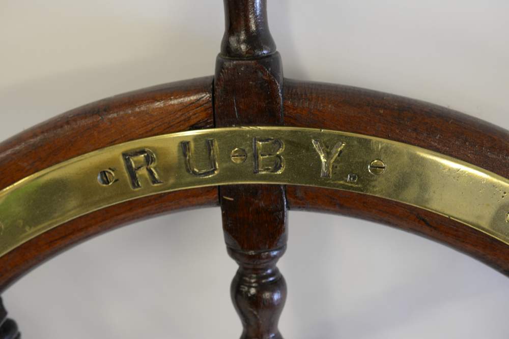 A teak and brass helm for the Vospers & Co Ltd launch 'Ruby':, - Image 3 of 3