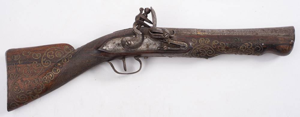 A 19th century Balkan- decorated Turkish flintlock 'knee' blunderbuss:,