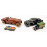 An English tinplate boat tail racing car: with lithograph decoration and 'Dunlop Fort' tyres,