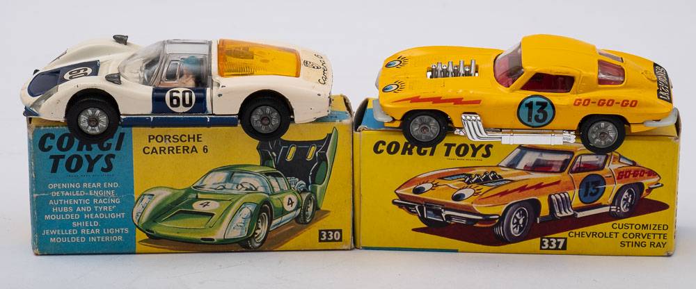 Corgi No 330 Porsche Carrera 6: white body with blue doors and bonnet, amber engine cover,