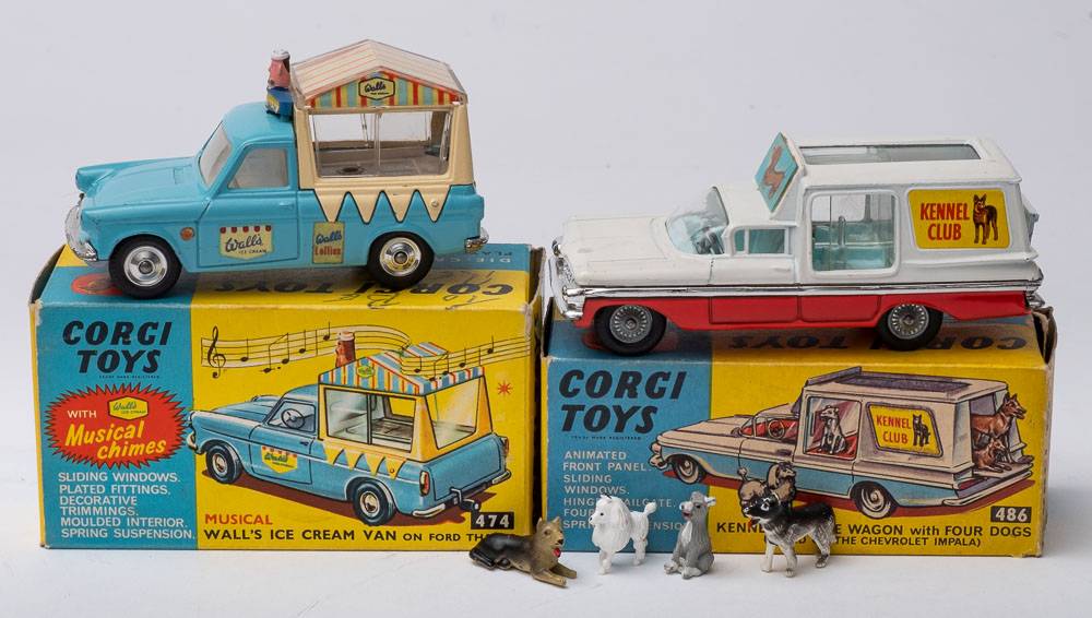 Corgi 472 Ford Thames Ice Cream Van 'Walls': blue cab and chassis, chrome bumpers, spun hubs,