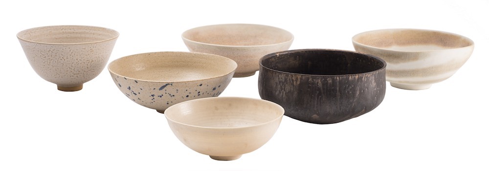 *Val Barry [1937-2018] six bowls: of thinly thrown circular form comprising three porcelain