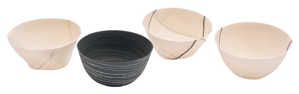 Alison Gautrey [Contemporary] four eggshell spun porcelain bowls: of faceted hemispherical form