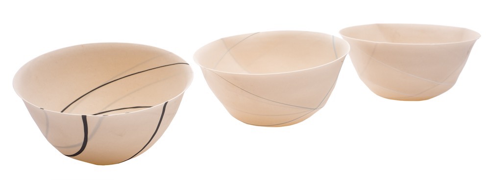 Alison Gautrey [Contemporary] three eggshell spun porcelain bowls: of faceted hemispherical form