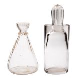 A clear glass decanter and a carafe: the form of Scandinavian influence and of oval profile with