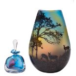 *Ed Burke [Contemporary] a glass vase and scent bottle: the former of flattened oviform, the blue,