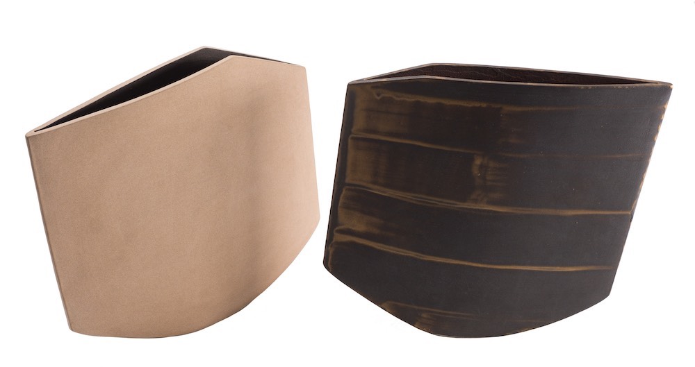 *Val Barry [1937-2018] two stoneware vessels: of narrow slab built profile with angular rims,