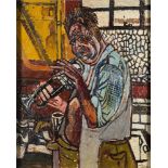 * John Randall Bratby [1928-1992] - Self-portrait playing the trumpet in the scullery, Chiswick,