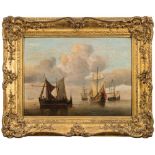 Circle of Peter Monamy [18th Century]- Dutch shipping in a calm,:- oil on panel, 31 x 43cm.