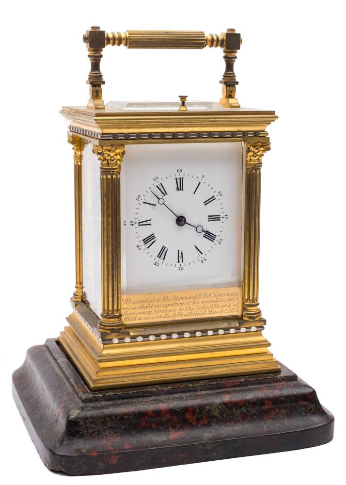 A French Anglaise carriage clock: the eight-day duration movement having a silvered platform lever