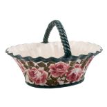 A large Wemyss pottery basket: of fluted oval form with rope twist handle,