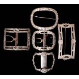 Five assorted silver shoe buckles, various makers: including two paste set examples, (5).