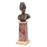 After Emmanuele Villanis, a bronze female bust : mounted on a polished marble plinth base,