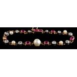 A ruby, diamond and pearl mounted bracelet: of graduated round old,