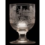 A mid 19th century English glass rummer: engraved with a horse drawn cart inscribed 'Hellings',