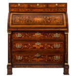 An early 19th Century Dutch mahogany, inlaid and floral marquetry cylinder fronted bureau:,