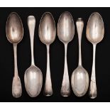 Six 18th Century Dutch and English silver Hanoverian pattern tablespoons,