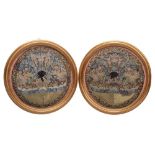 A pair of 19th century Chinese Kesi roundels: worked in coloured silks of pinks, blues,