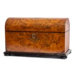 A Victorian burr walnut and brass inlaid tea caddy: of rectangular outline,