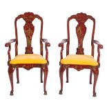 A pair of Edwardian crimson lacquer and chinoiserie elbow chairs in the Queen Anne taste:,