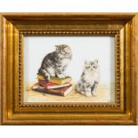 Bessie Bamber [19/20th Century]- Kittens and books,:- signed with initials oil on opaque glass, 13.