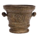 A bronze mortar in the 17th century taste: with garland and satyr mask banded decoration,